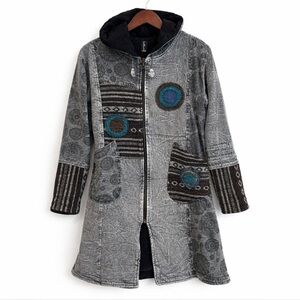 Boho/Bohemian Hippie Hooded Long Length Zip Coat Jacket Cotton Fleece Lined Boho